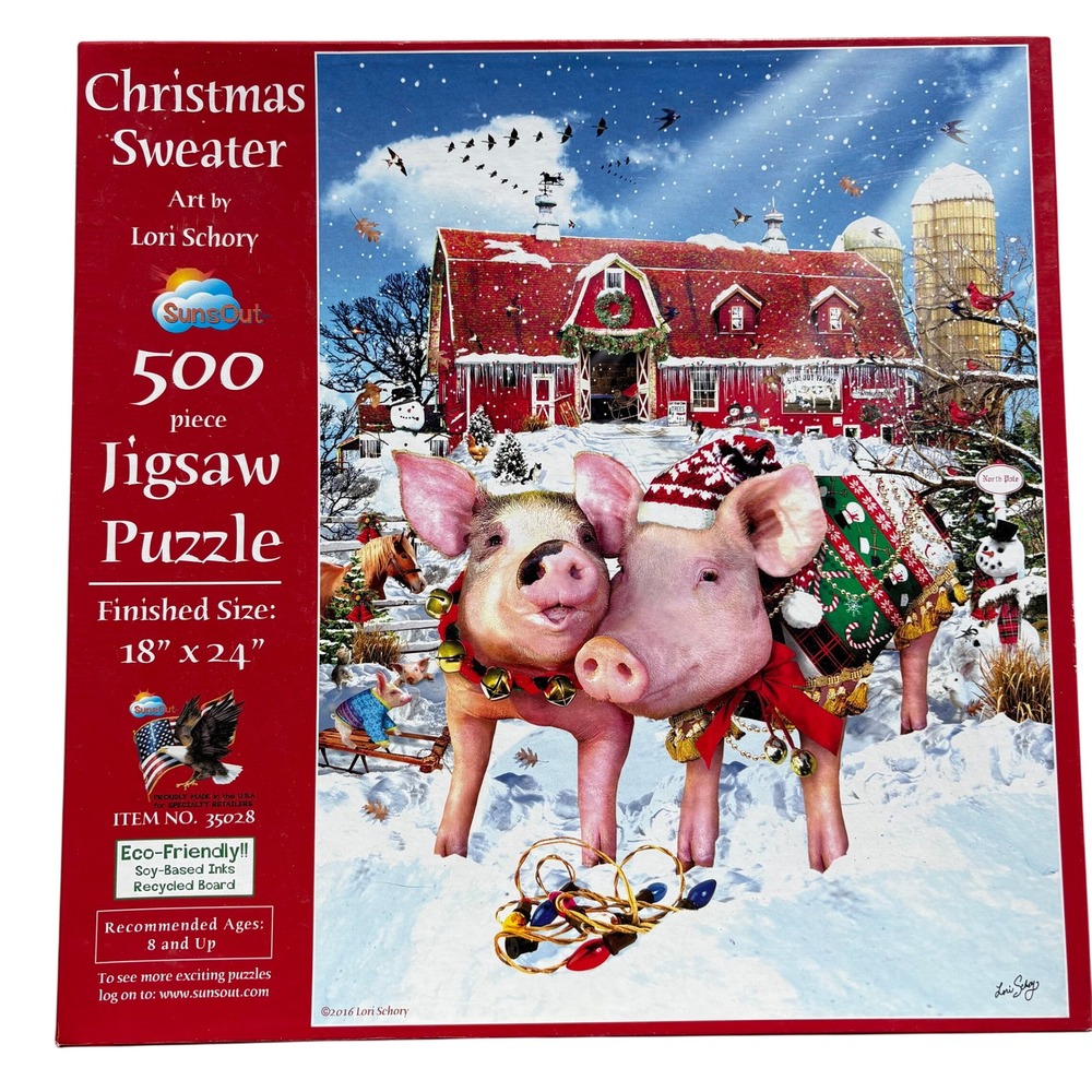 SunsOut Christmas Sweater 500 Piece Jigsaw Puzzle Lori Schory Pigs 35028 18x24